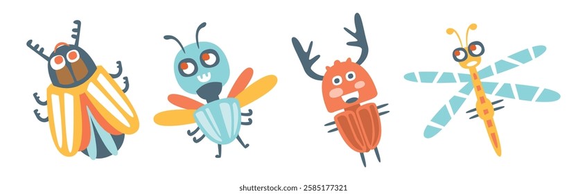 Funny Insect as Small Garden Pest with Cute Smiling Face Vector Set