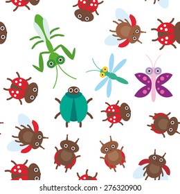 Funny insects butterfly dragonfly mantis beetle ladybugs seamless pattern on white background. Vector