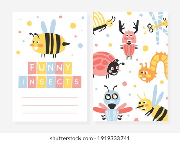 Funny Insects Card Template, Invitation or Greeting Card, Flyer Design with Cute Insects Seamless Pattern Vector Illustration