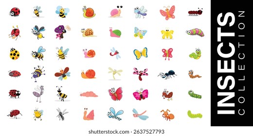 Funny Insects Cartoon Vector Collection, Cute Bugs, Bees, Butterflies, Snails and More