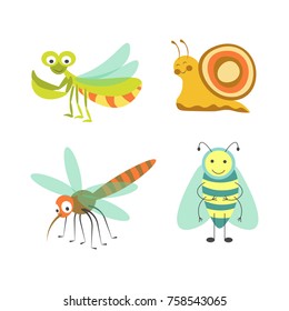 Funny insects with cheerful faces isolated illustrations set