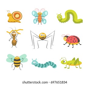 Funny insects with cheerful facesisolated illustrations set