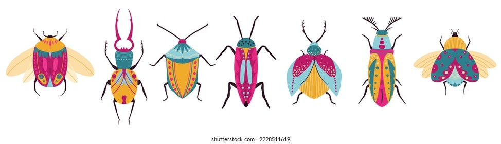 Graciosos insectos. Colección de bichos dibujados a mano. Especies de toro y colección de iconos de escarabajos exóticos.