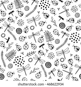 Funny insects. Ladybugs, dragonflies, flowers, herbs seamless pattern. Hand drawn vector black and white illustrations. Cartoon doodle. Background, wallpaper. Colouring page. Texture for wallpaper.