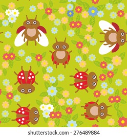 Funny insects ladybugs seamless pattern on green background with flowers and leaves. Vector