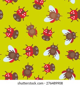 Funny insects ladybugs seamless pattern on green background. Vector