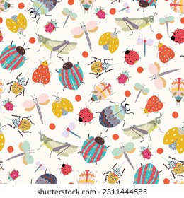 Funny insects pattern.Bugs, dragonfly and grasshopper. Endless hand drawn cartoon flat style images on light yellow background. Print for kids and women textile, wrapping paper, scrapbook 