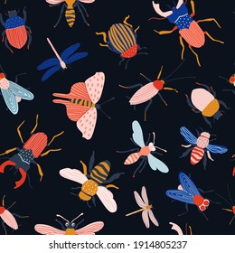 Funny insects. seamless pattern  with spring and summer insects. Hand drawing illustration. Bug species and exotic beetles icons collection.