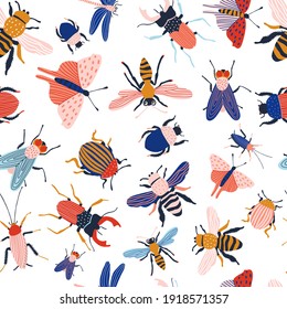 Funny insects. seamless pattern  with spring and summer insects. Hand drawing illustration. Bug species and exotic beetles icons collection.