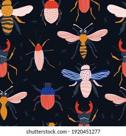 Funny insects. Seamless pattern with spring and summer insects. Hand drawing illustration. Bug species and exotic beetles icons collection.