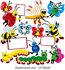 Funny insects set of banners. Dragonfly, butterflies, bees, Ladybird, caterpillars and bugs hold posters Elements for your design. VECTOR (See Jpeg Also In My Portfolio)