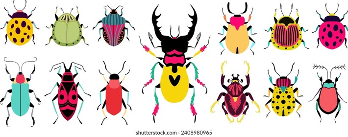  Funny insects. Set with colorful beetles. Hand drawing illustration.