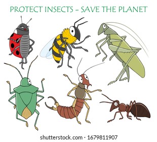 Funny Insects. Set of isolated vector illustrations on white background. Protect insect, save the planet.