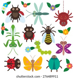 Funny insects set Spider butterfly caterpillar dragonfly mantis beetle wasp ladybugs on white background with flowers and leaves. Vector