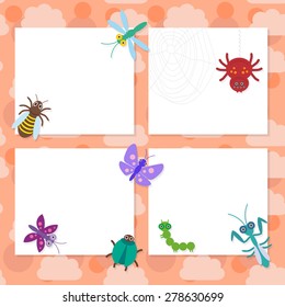 Funny insects set Spider butterfly caterpillar dragonfly mantis beetle wasp ladybugs card design on pink background. Vector