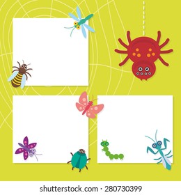 Funny insects set Spider butterfly caterpillar dragonfly mantis beetle wasp ladybugs card design on green background. Vector