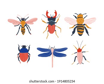 Funny insects. Set with spring and summer insects. Hand drawing illustration. Bug species and exotic beetles icons collection.