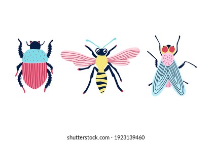 Funny Insects. Set With Spring And Summer Insects. Hand Drawing Illustration. Bug Species And Exotic Beetles Icons Collection.