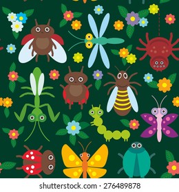 Funny insects Spider butterfly caterpillar dragonfly mantis beetle wasp ladybugs seamless pattern on green background with flowers and leaves. Vector