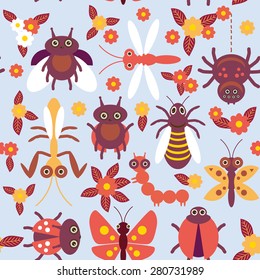 Funny insects Spider butterfly caterpillar dragonfly mantis beetle wasp ladybugs seamless pattern on blue background with flowers and leaves. Vector