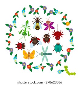 Funny insects Spider butterfly dragonfly mantis beetle wasp ladybugs on white background. Vector