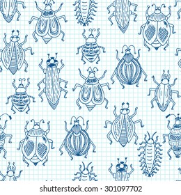 Funny insects. Vector Seamless pattern of doodle Cartoon Beetles on a sheet of exercise book