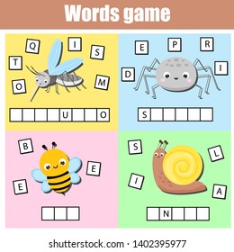 Funny Insects. Write missing letters and complete words. Crossword for kids and toddlers. Educational children game. Learn English