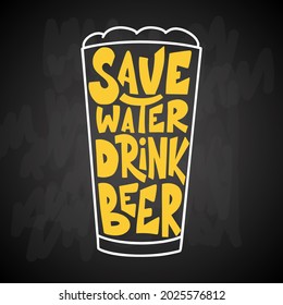 Funny inspirational quote about beer with hand lettering for pubs. Hand drawn vintage poster with mug. Vector illustration.
