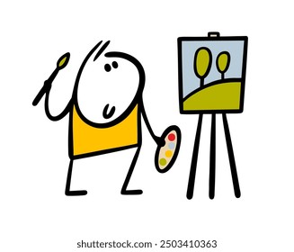 Funny inspired artist paints landscape. Vector illustration of   stickman stands with a brush and  easel in nature and creates  masterpiece in the style of impressionism. Trees and grass, green. 