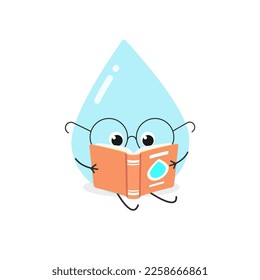 Funny intelligent cartoon water drop in glasses reading a book. Vector flat illustration isolated on white background