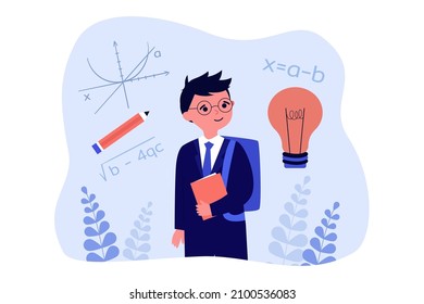 Funny intelligent schoolboy with glasses and math equations. Genius boy studying in school flat vector illustration. Mathematics, study, science concept for banner, website design or landing web page