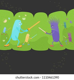 Funny Interpretation of the Relationships Between Good and Bad Bacteriums. Microbial Environment of Human Intestines with Funny Probiotics and Pathogenic Bacteriums Fighting on a Swords