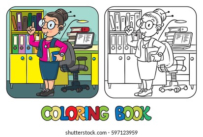 Funny interpreter or translator coloring book. A smart woman in round glasses and a suit with books under his arm and headset, raised index finger. Profession ABC series. Children vector illustration.