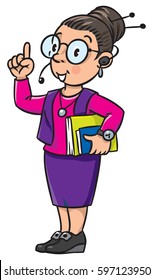 Funny interpreter or translator in office. A smart woman in round glasses and a suit with books under his arm and headset, raised index finger. Profession series. Children vector illustration.