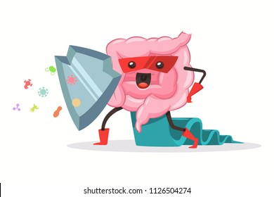 Funny Intestine In Superhero Costume And Mask With A Clothes. Cute Gut With A Shield Fights Bad Bacteria, Viruses. Vector Cartoon Flat Character Illustration Isolated On Background.