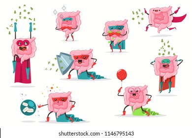 Funny Intestine Vector Cartoon Flat Character Set In Superhero Costume. Cute Gut With Probiotics, Good And Bad Bacteria Illustration Isolated On A White Background.