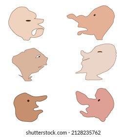 Funny invented faces with different emotions, they are surprised, upset, think