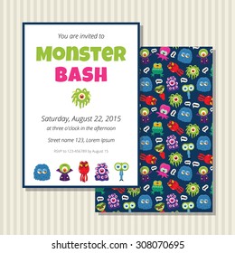 Funny invitation card with cartoon monsters. Vector template. Card and background are on separated layers.