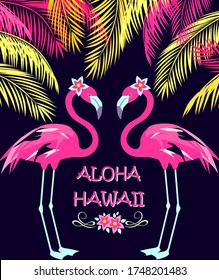 Funny invitation for night beach party in Hawaiian resort with coconut palm leaves, cut pair pink flamingo and frangipani flowers. Print for poster, t shirt, wedding, bag design