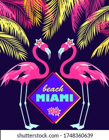 Funny invitation for night Miami beach party with fan-leaved palms, cut pair pink flamingo and frangipani flowers. Print for poster, t shirt, wedding, bag design