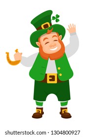 Funny Irish character, gnome leprechaun. Feast day of Saint Patrick. Leprechaun in traditional dress, headgear, with golden horseshoe good luck in hands, in day of Saint Patrick. Vector cartoon.
