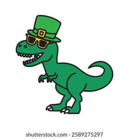 Funny Irish Dino Clipart – St. Patrick’s Day T-Rex with Sunglasses Vector.