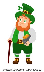 Funny Irish fantastic character, gnome leprechaun. Feast day of Saint Patrick. Leprechaun in traditional dress and headgear, with cane and a pot gold in hands, in day of Saint Patrick. Vector cartoon.