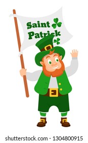 Funny Irish fantastic character, gnome leprechaun. Feast day of Saint Patrick. Leprechaun in traditional dress and headgear, with invitation flag in hands, in day of Saint Patrick. Vector cartoon.