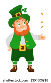 Funny Irish fantastic character, gnome leprechaun. Feast day of Saint Patrick. Leprechaun in traditional dress and headgear, throws gold coins into the air, in day of Saint Patrick. Vector cartoon.