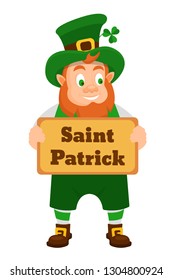 Funny Irish fantastic character, gnome leprechaun. Feast day of Saint Patrick. Leprechaun in traditional dress and headgear, with invitation card in hands, in day of Saint Patrick. Vector cartoon.