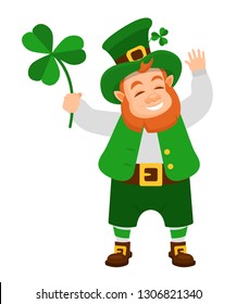 Funny Irish fantastic character, gnome leprechaun. Feast day of Saint Patrick. Leprechaun in traditional dress, headgear, with lucky clover leaf in hands, in day of Saint Patrick. Vector cartoon.