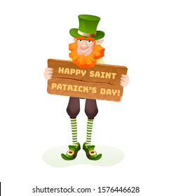 Funny Irish fantastic character, gnome leprechaun. Feast day of Saint Patrick. Leprechaun in traditional dress and headgear, holding a sign saying Happy St. Patrick's day cartoon vector