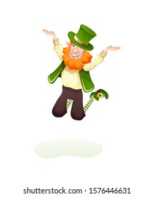 Funny Irish fantastic character, gnome leprechaun. Feast day of Saint Patrick. Leprechaun in traditional dress and headgear, laughs bouncing up in Happy St. Patrick's day cartoon vector