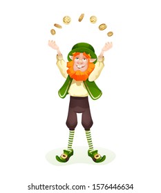 Funny Irish fantastic character, gnome leprechaun. Feast day of Saint Patrick. Leprechaun in traditional dress and headgear throws gold coins in Happy St. Patrick's day cartoon vector